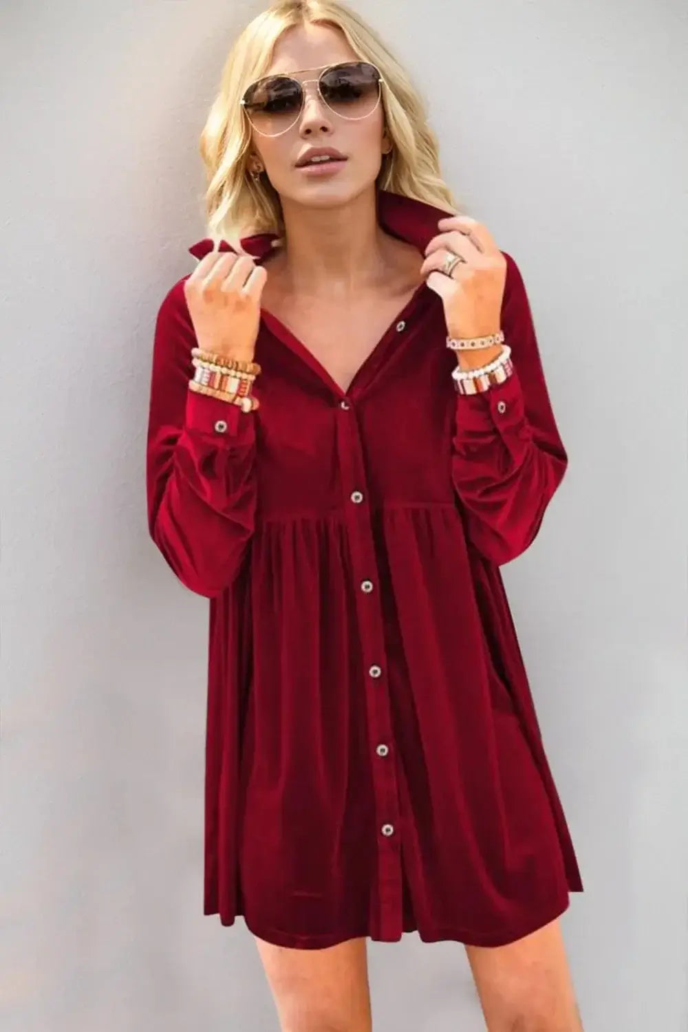 full size collared neck long sleeve mini dress