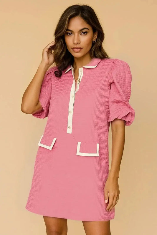 textured half button puff sleeve dress