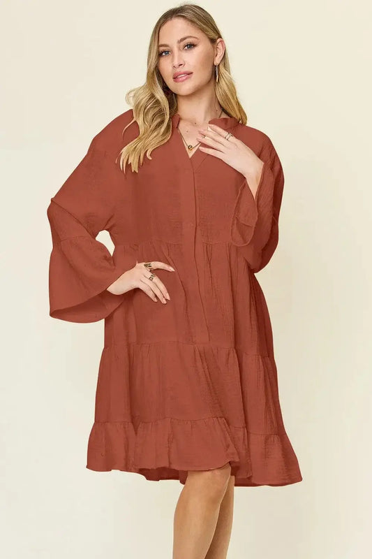 double take button up ruffle hem dress