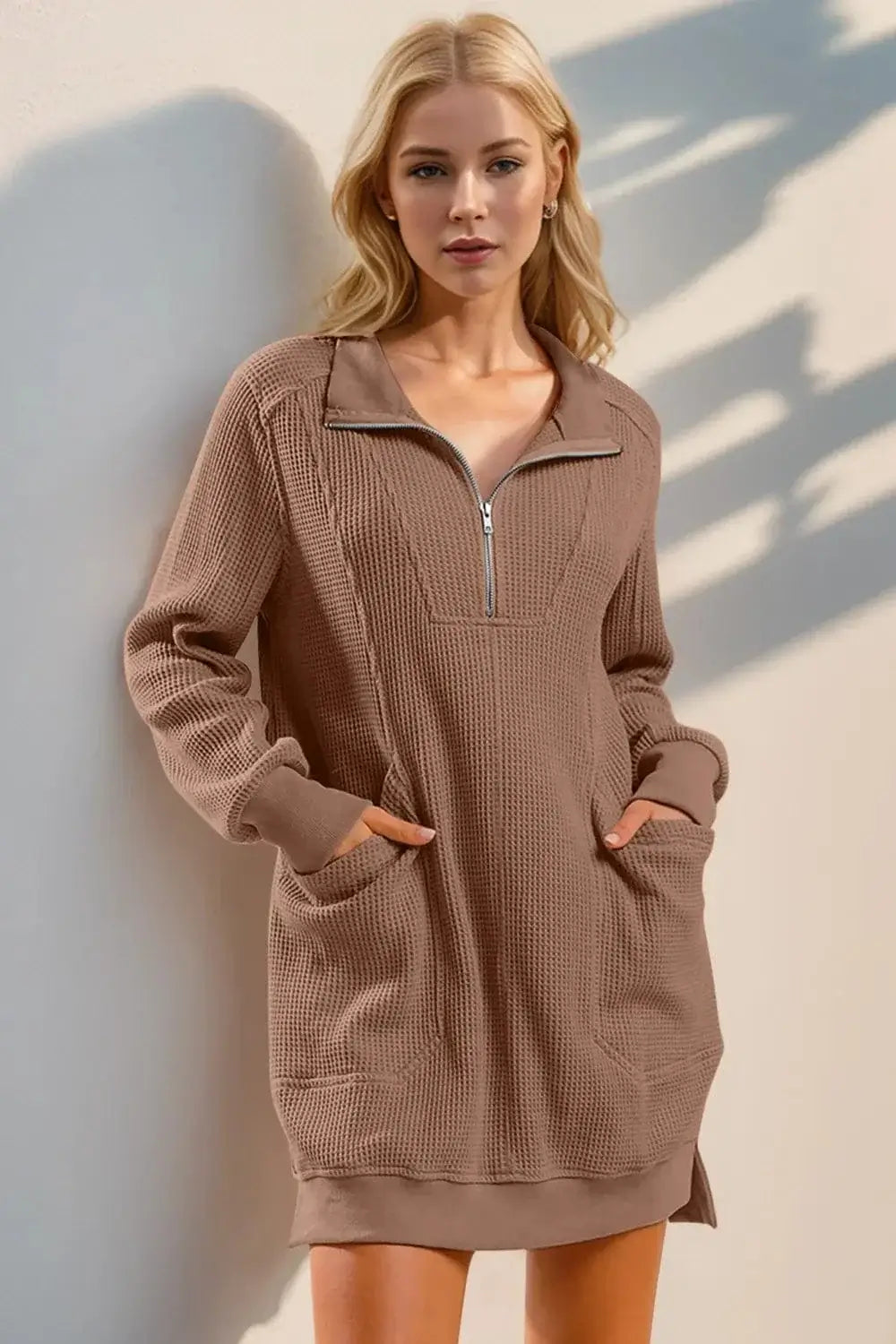 Dresses Taupe / S Double Take Waffle Long Sleeve Mini Dress with Pockets Double Take Waffle Long Sleeve Mini Dress with Pockets