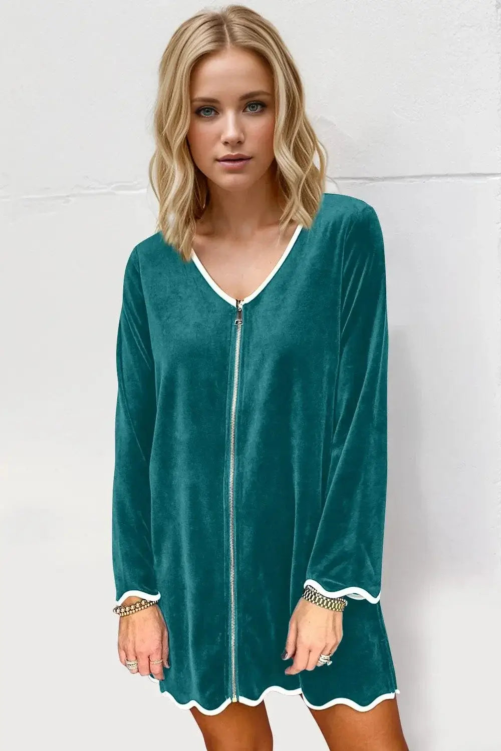 double take wave contrast v-neck zip up mini dress