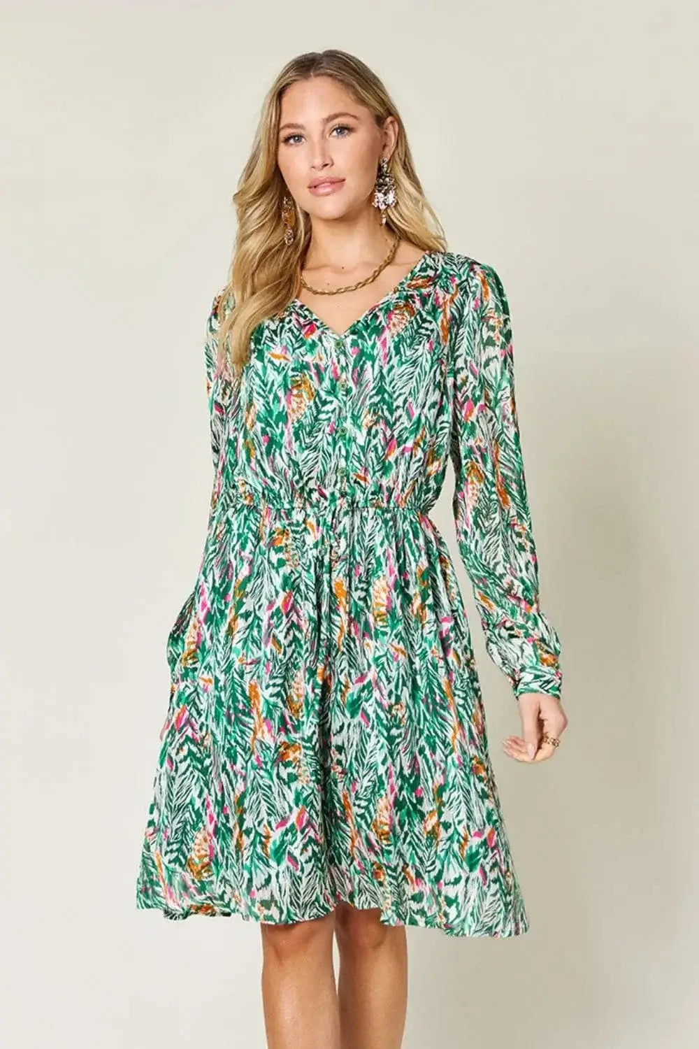 double take printed drawstring waist dress