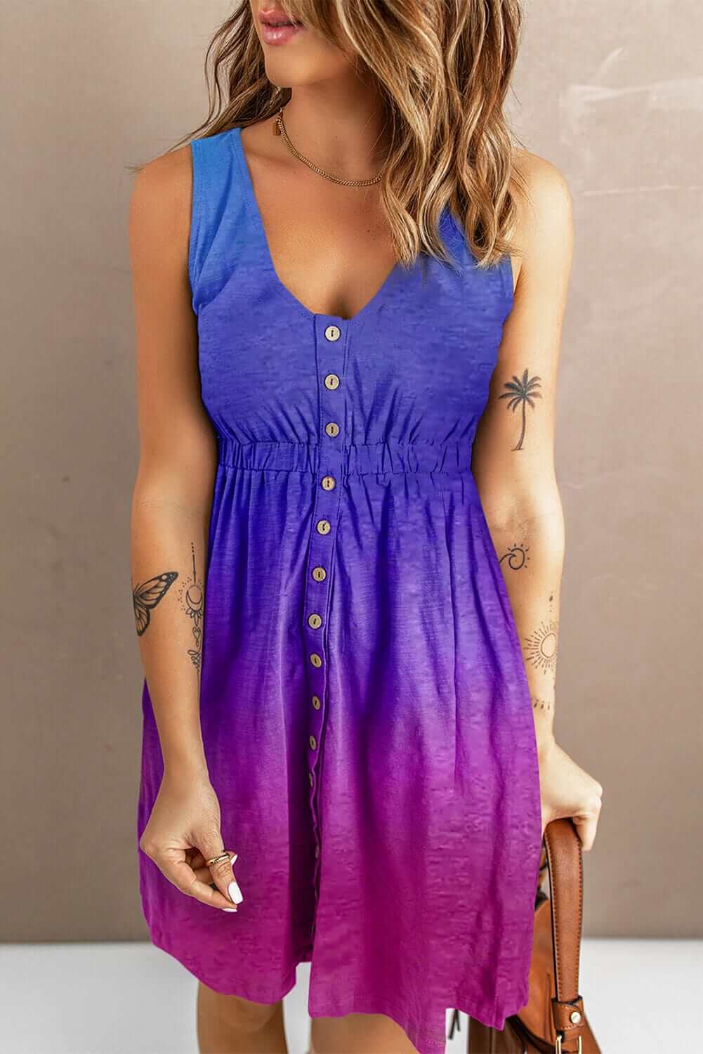 buttoned round neck sleeveless mini dress