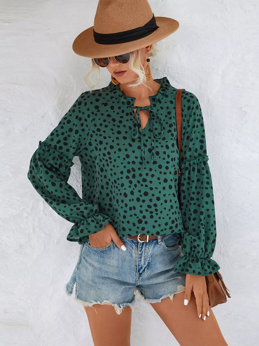 animal print tie neck blouse