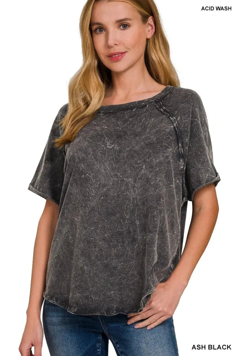 ASH BLACK Zenana Back Patch Crinkle Washed Raglan Sleeve T-Shirts everyday essentials