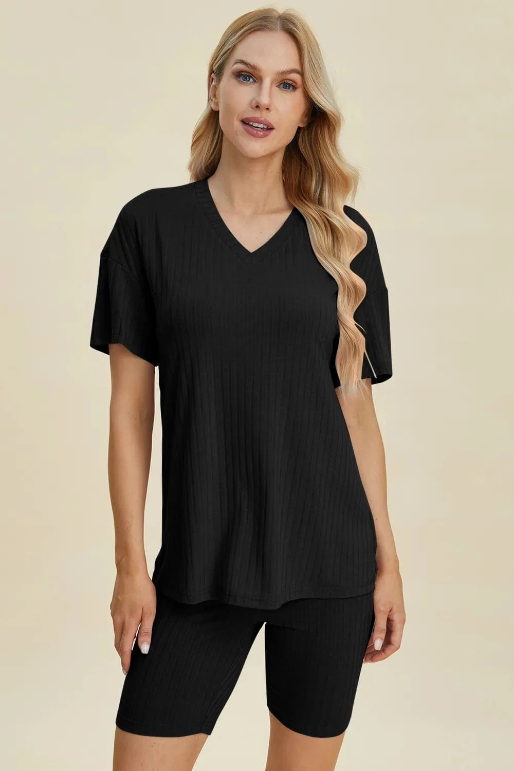 Basic Bae Full Size Ribbed V-Neck Short Sleeve Top and Shorts Set everyday essentials