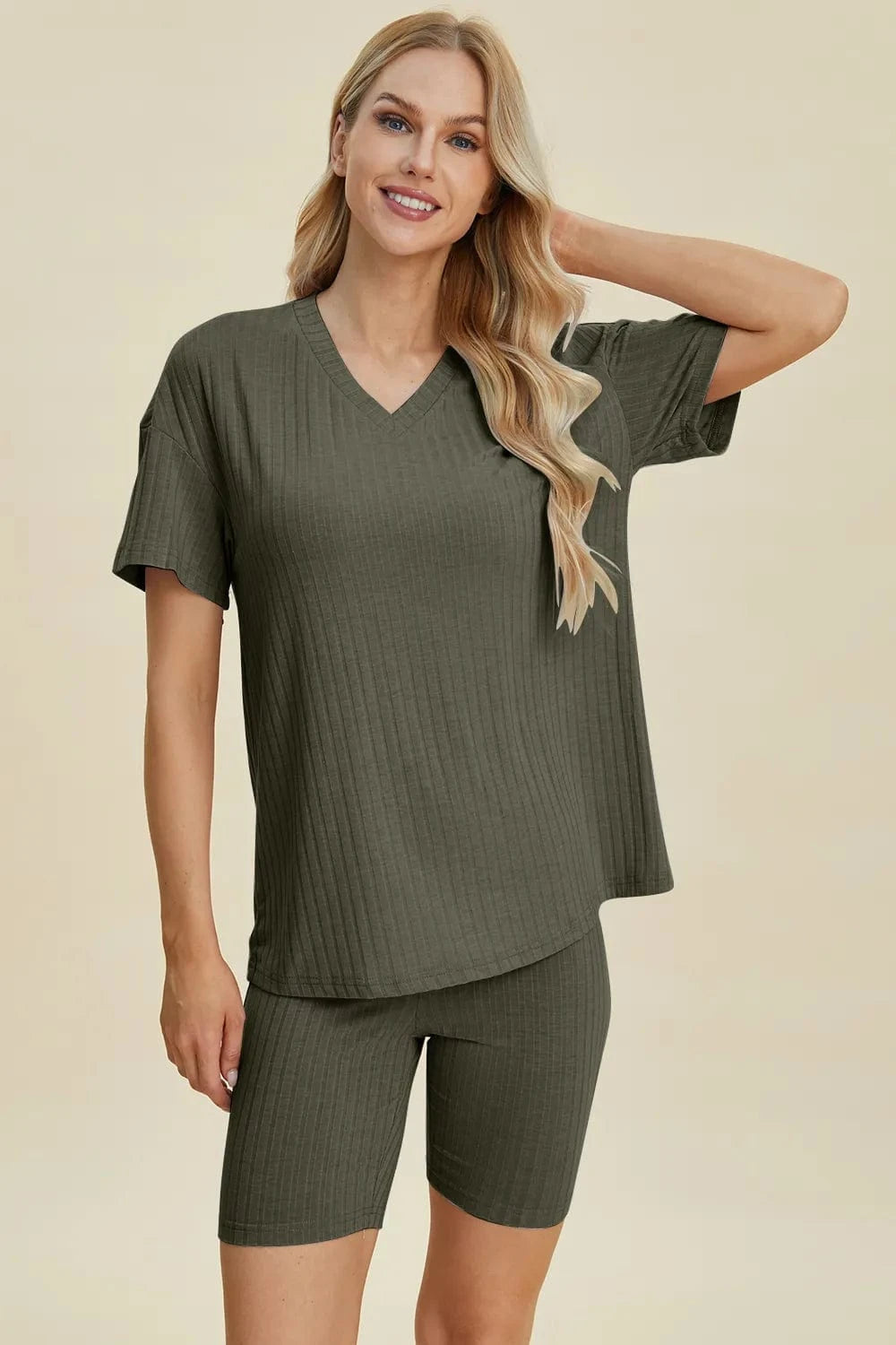 Basic Bae Full Size Ribbed V-Neck Short Sleeve Top and Shorts Set everyday essentials