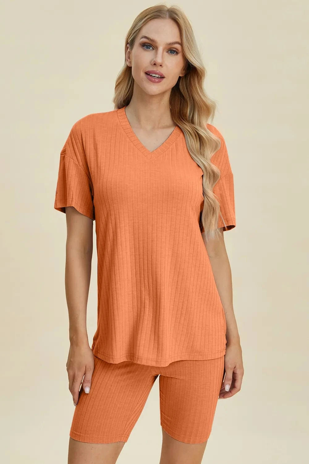 Basic Bae Full Size Ribbed V-Neck Short Sleeve Top and Shorts Set everyday essentials