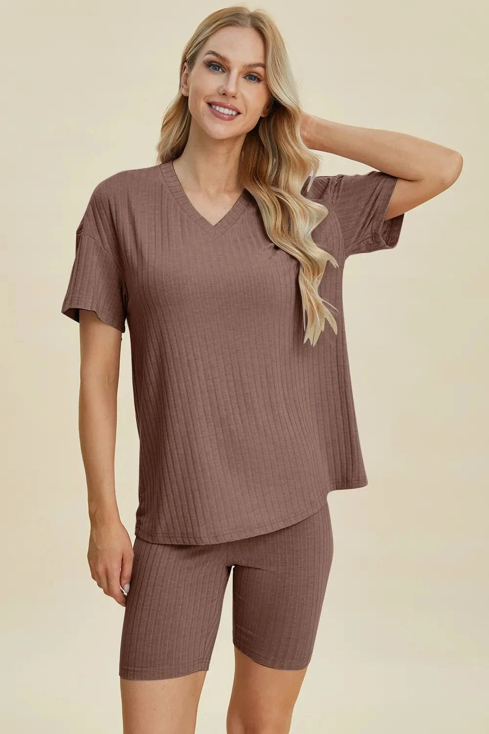 Basic Bae Full Size Ribbed V-Neck Short Sleeve Top and Shorts Set everyday essentials