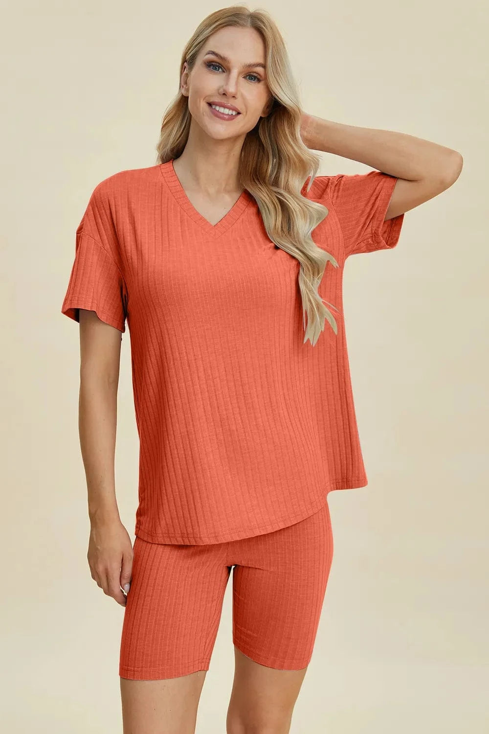 Basic Bae Full Size Ribbed V-Neck Short Sleeve Top and Shorts Set everyday essentials
