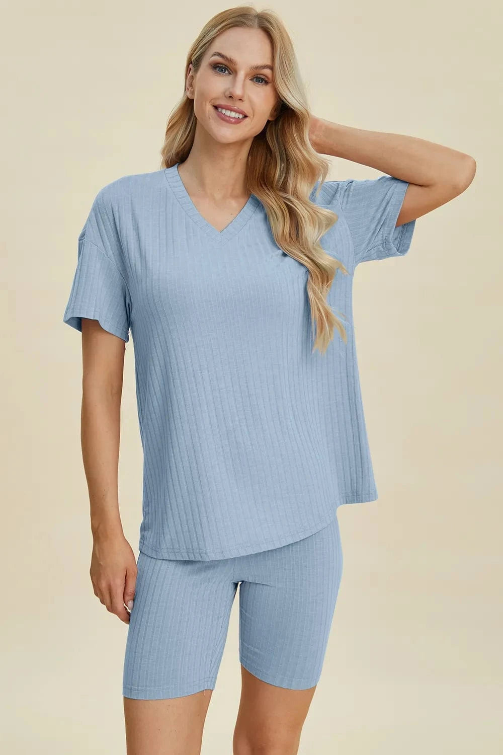 Basic Bae Full Size Ribbed V-Neck Short Sleeve Top and Shorts Set everyday essentials