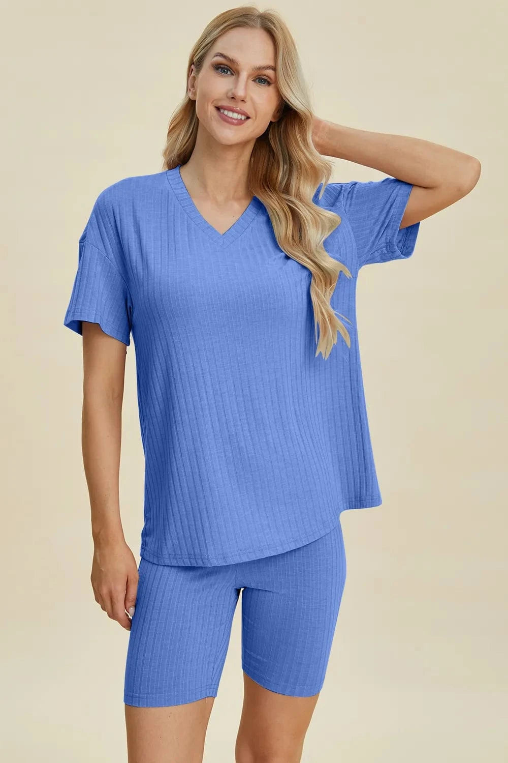 Basic Bae Full Size Ribbed V-Neck Short Sleeve Top and Shorts Set everyday essentials