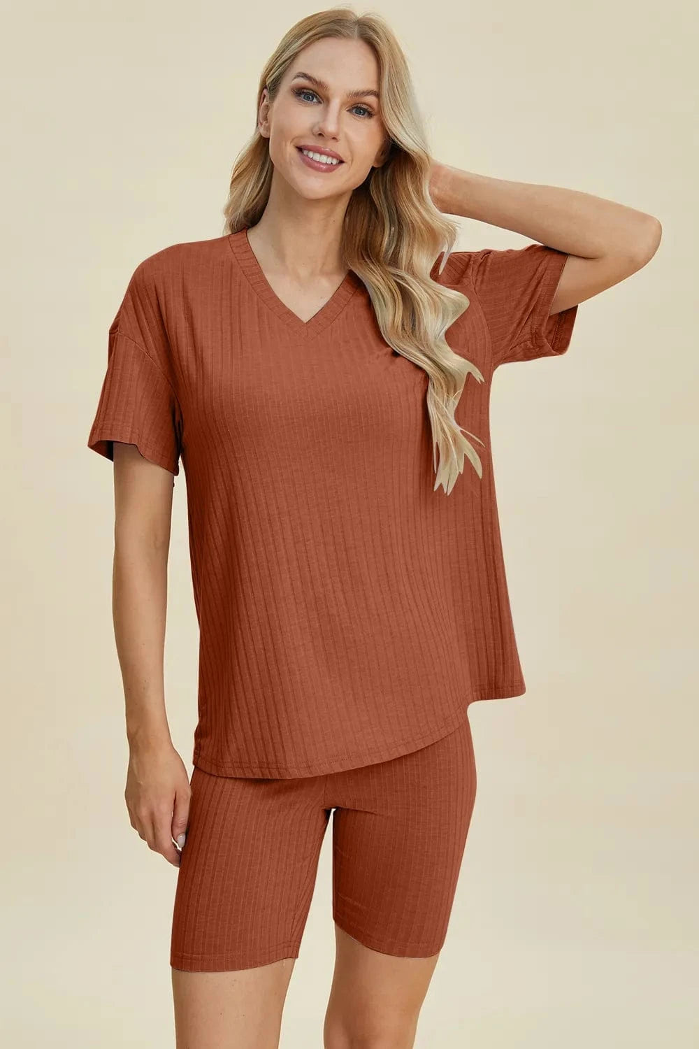 Basic Bae Full Size Ribbed V-Neck Short Sleeve Top and Shorts Set everyday essentials