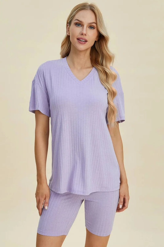 Basic Bae Full Size Ribbed V-Neck Short Sleeve Top and Shorts Set everyday essentials