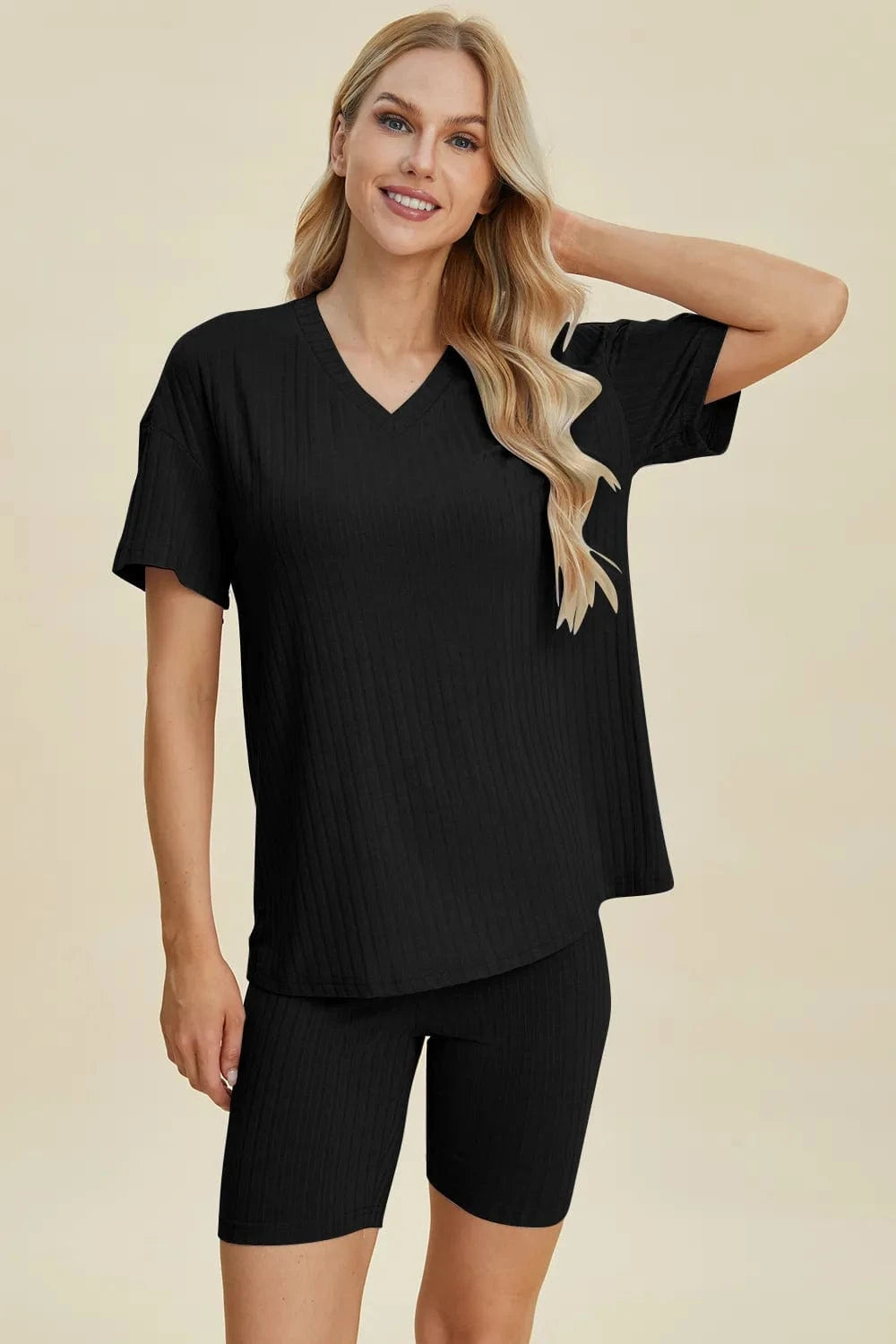 Black Basic Bae Full Size Ribbed V-Neck Short Sleeve Top and Shorts Set everyday essentials