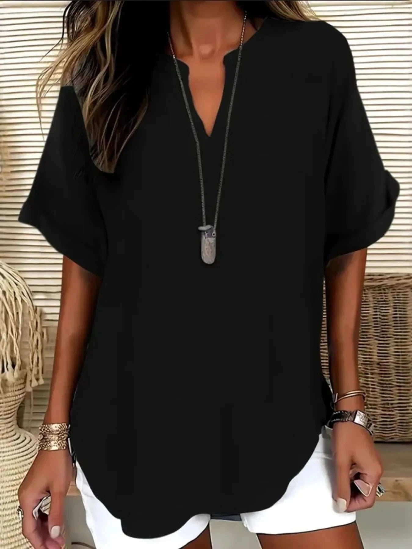 Black Casual Notched Short Sleeve Blouse everyday essentials