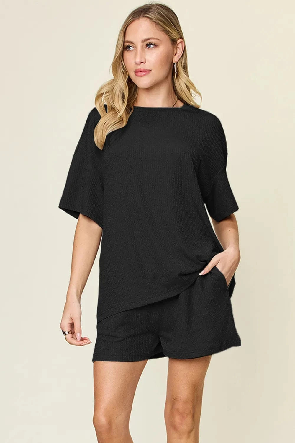 Black Double Take Basic style Round Neck Solid Set everyday essentials