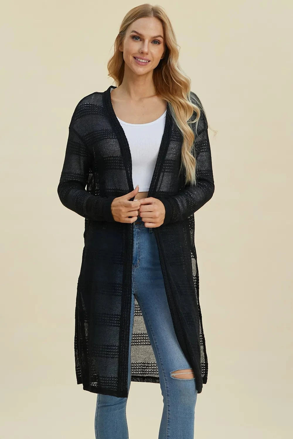 Black Double Take Full Size Open Front Longline Cardigan everyday essentials