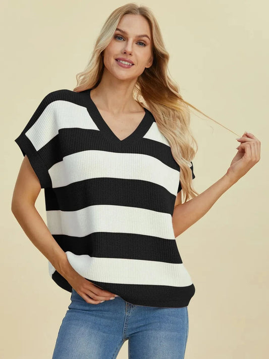 Black Double Take Full Size Striped V-Neck Short Sleeve Sweater everyday essentials