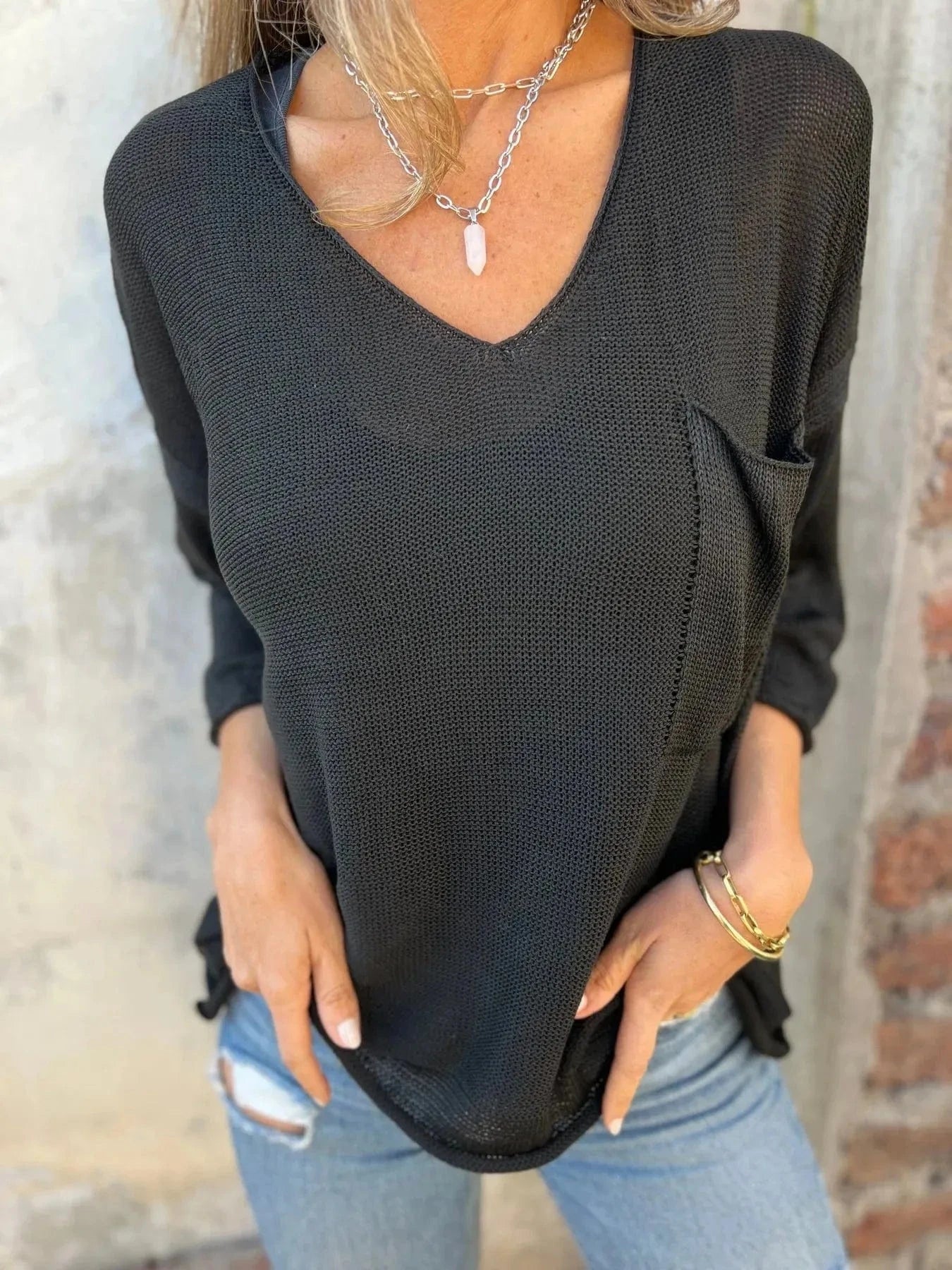 Black Full Size Casual V-Neck Knit Sweater Plus Size everyday essentials