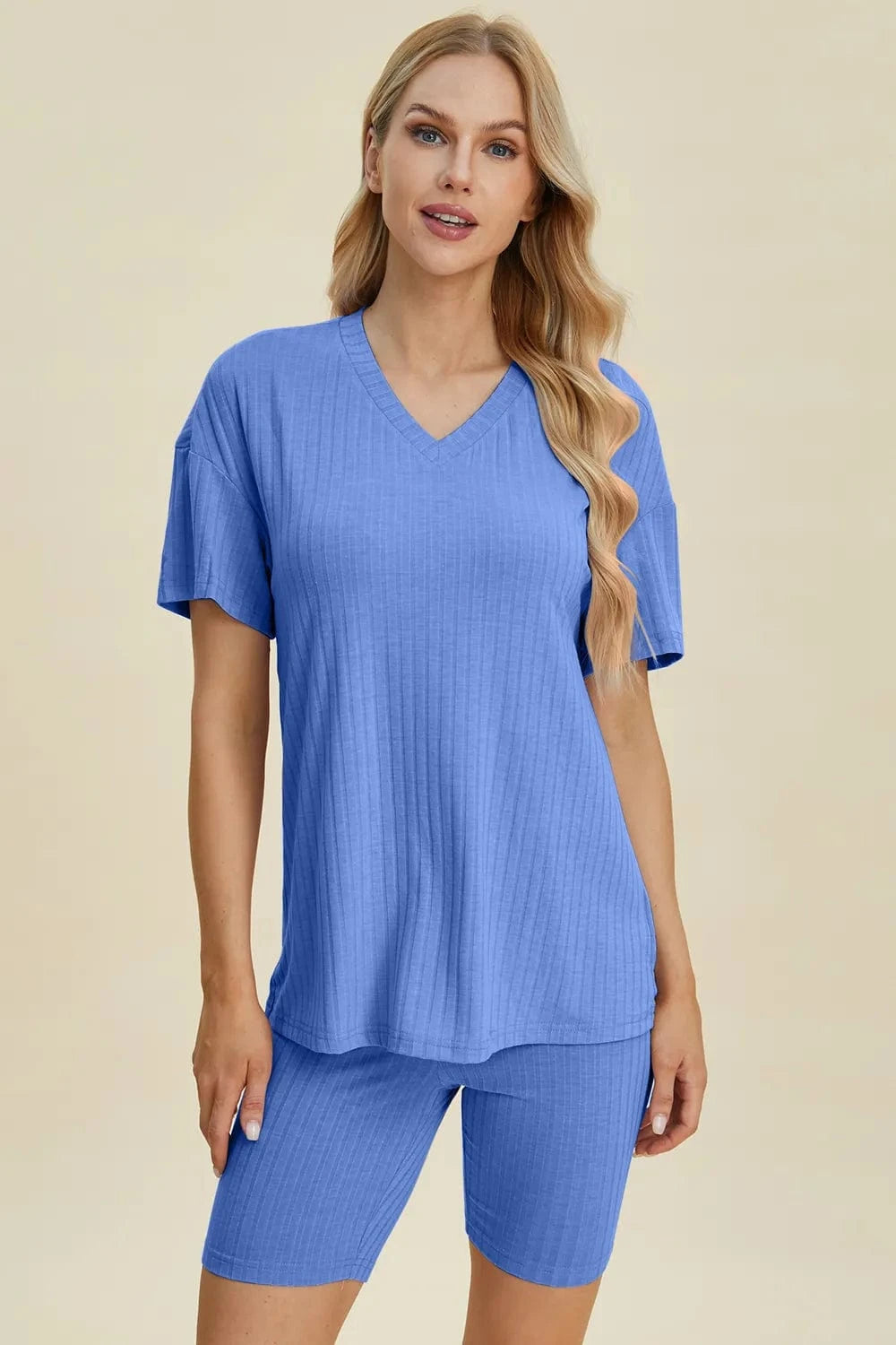 Blue Basic Bae Full Size Ribbed V-Neck Short Sleeve Top and Shorts Set everyday essentials