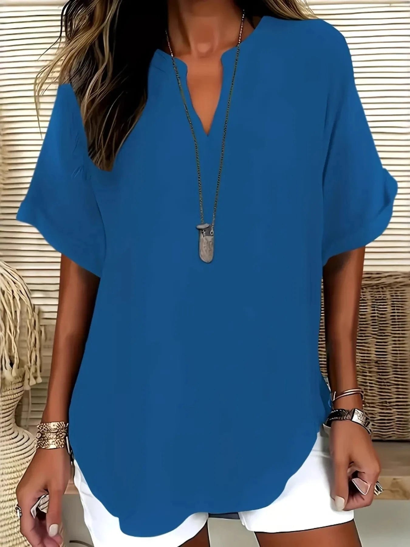 Blue Casual Notched Short Sleeve Blouse everyday essentials