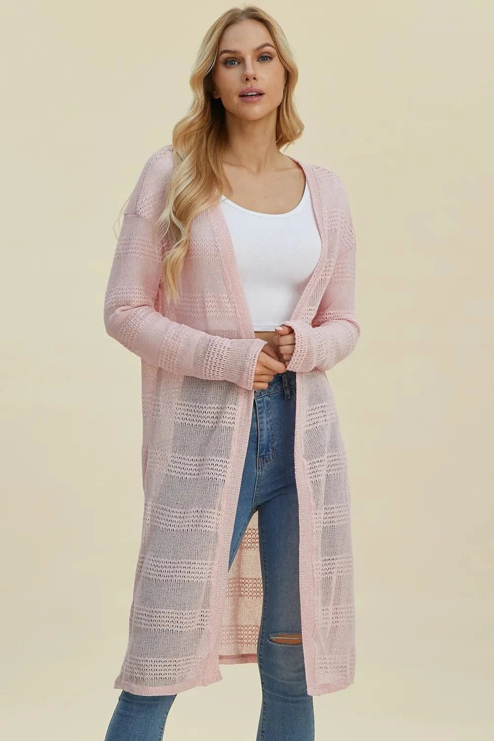 Blush Pink Double Take Full Size Open Front Longline Cardigan everyday essentials