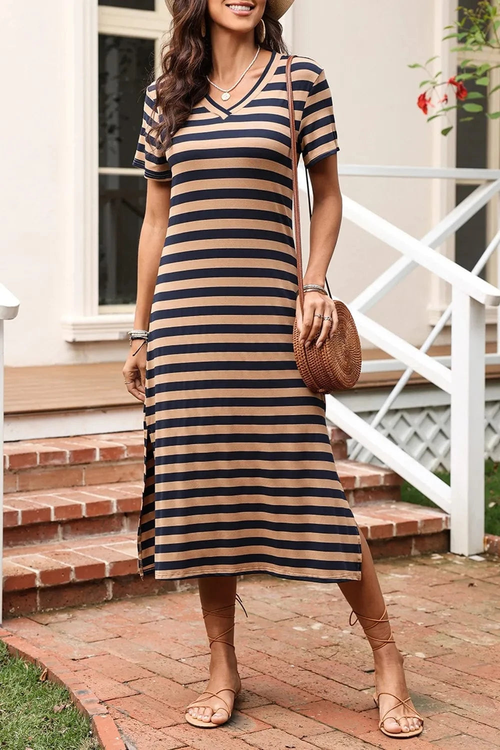 Brown Casual Striped V-Neck Midi T-Shirt Dress everyday essentials