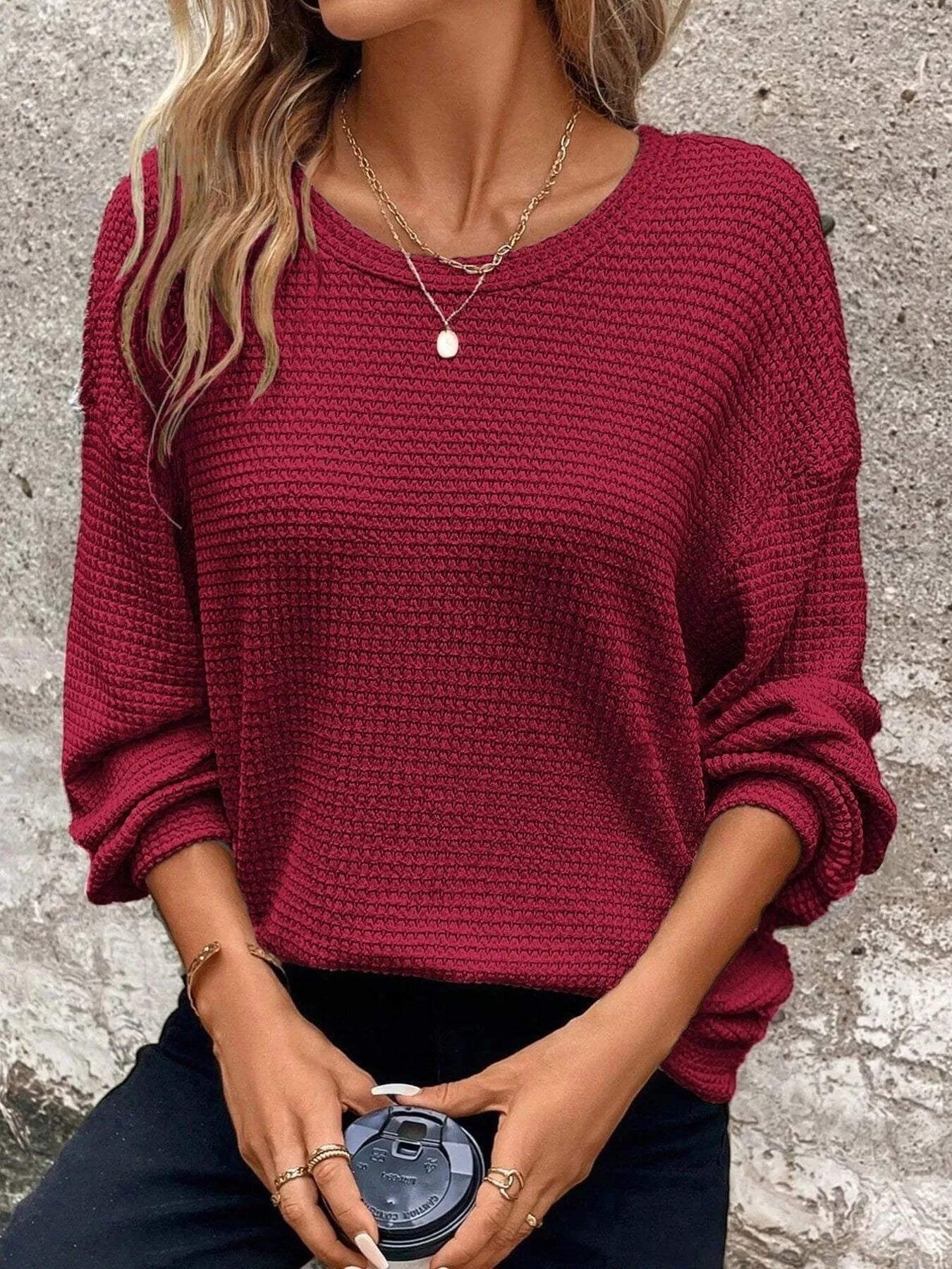 Burgundy Plus Size Relaxed Fit Waffle Knit Round Neck T-Shirt everyday essentials