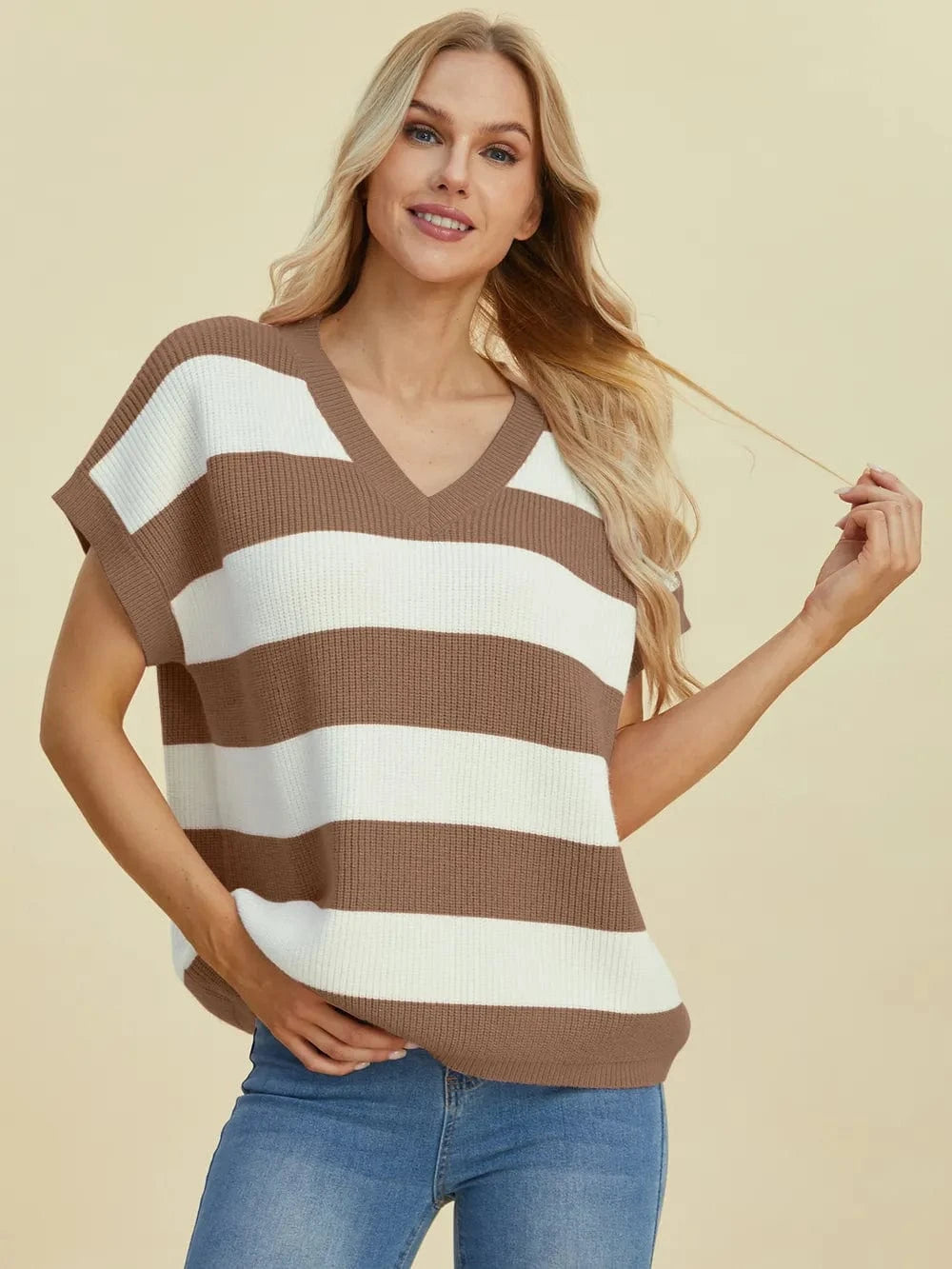 Camel Double Take Full Size Striped V-Neck Short Sleeve Sweater everyday essentials