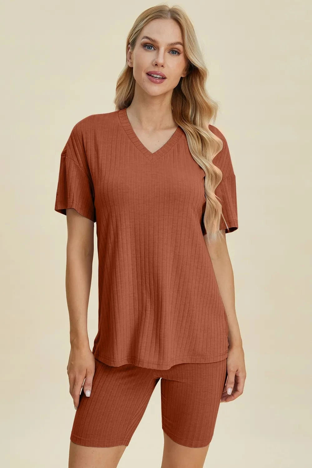 Caramel Basic Bae Full Size Ribbed V-Neck Short Sleeve Top and Shorts Set everyday essentials