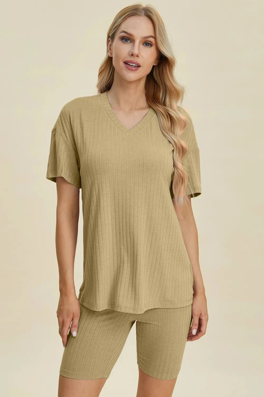 Chartreuse Basic Bae Full Size Ribbed V-Neck Short Sleeve Top and Shorts Set everyday essentials