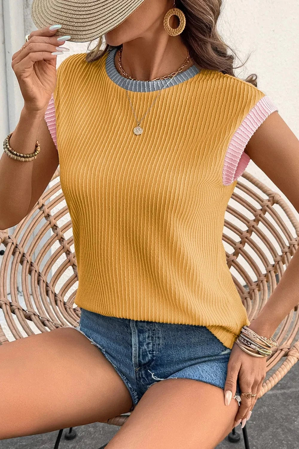 Contrast Trim Ribbed Knit Sleeveless Top everyday essentials