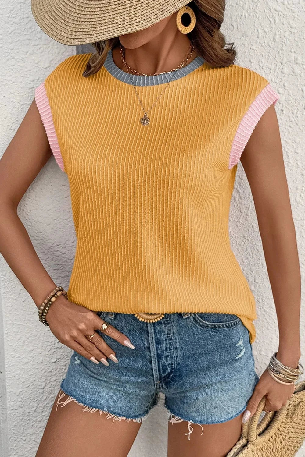 Contrast Trim Ribbed Knit Sleeveless Top everyday essentials
