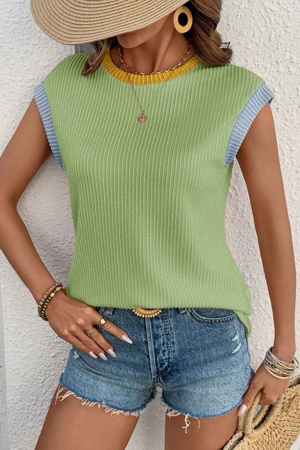 Contrast Trim Ribbed Knit Sleeveless Top everyday essentials