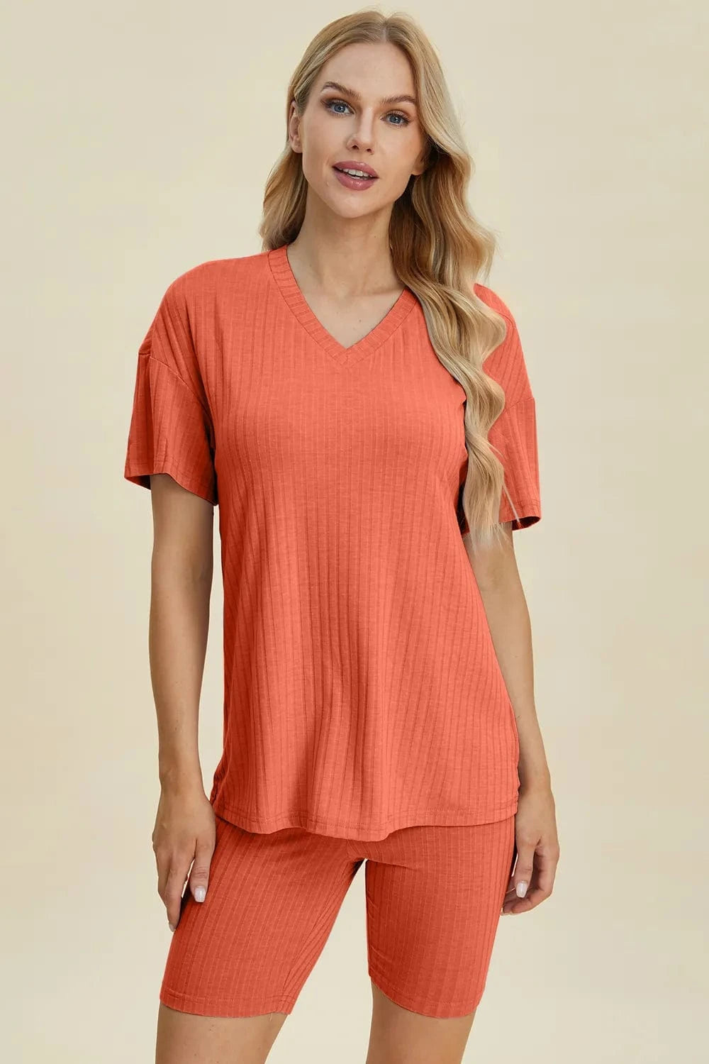 Coral Basic Bae Full Size Ribbed V-Neck Short Sleeve Top and Shorts Set everyday essentials