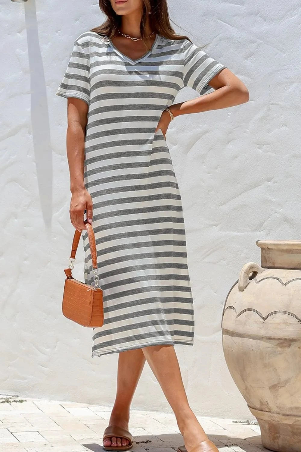 Dark Gray Casual Striped V-Neck Midi T-Shirt Dress everyday essentials