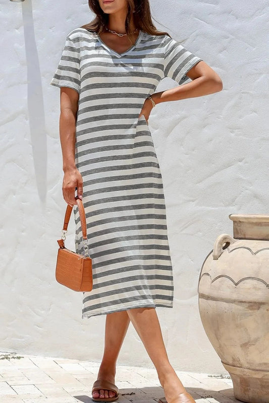 Dark Gray Casual Striped V-Neck Midi T-Shirt Dress everyday essentials