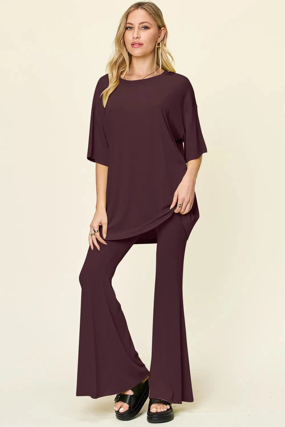 Deep Red Double Take Full Size Round Neck Drop Shoulder T-Shirt and Flare Pants Set everyday essentials