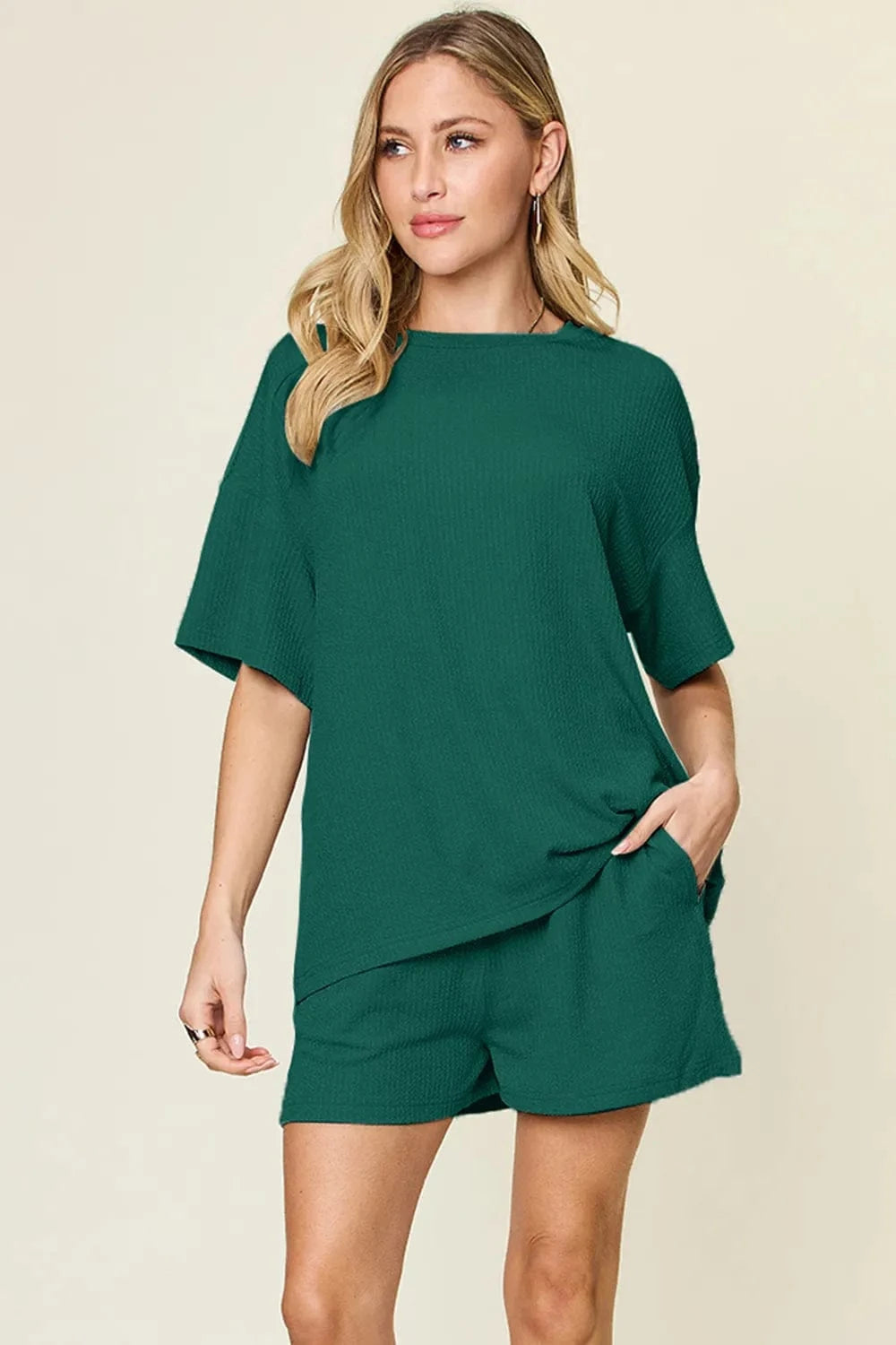 Deep Teal Double Take Basic style Round Neck Solid Set everyday essentials