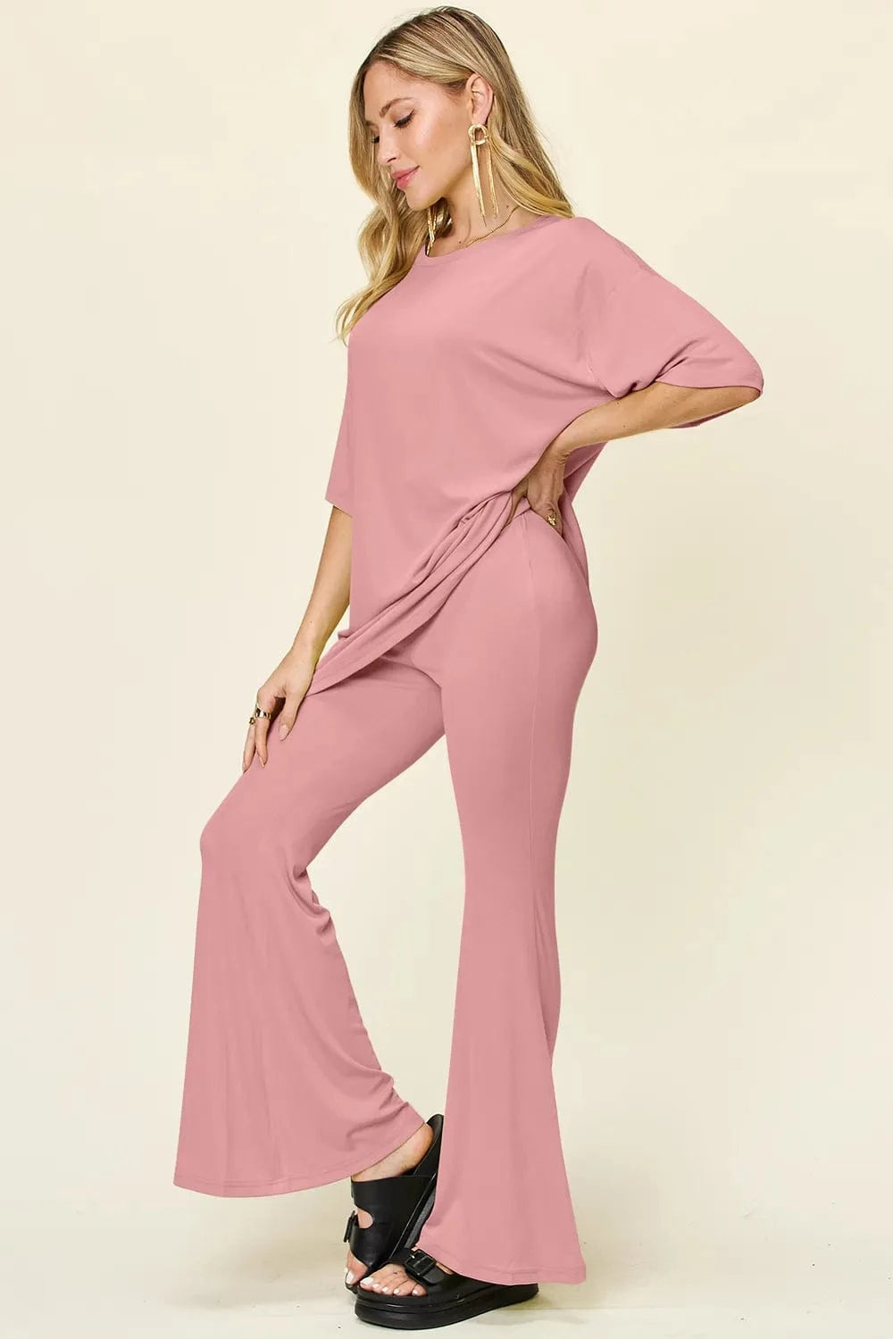 Double Take Full Size Round Neck Drop Shoulder T-Shirt and Flare Pants Set everyday essentials