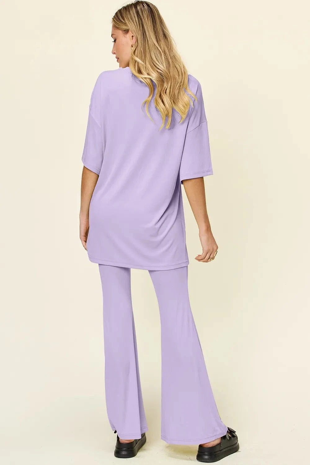 Double Take Full Size Round Neck Drop Shoulder T-Shirt and Flare Pants Set everyday essentials