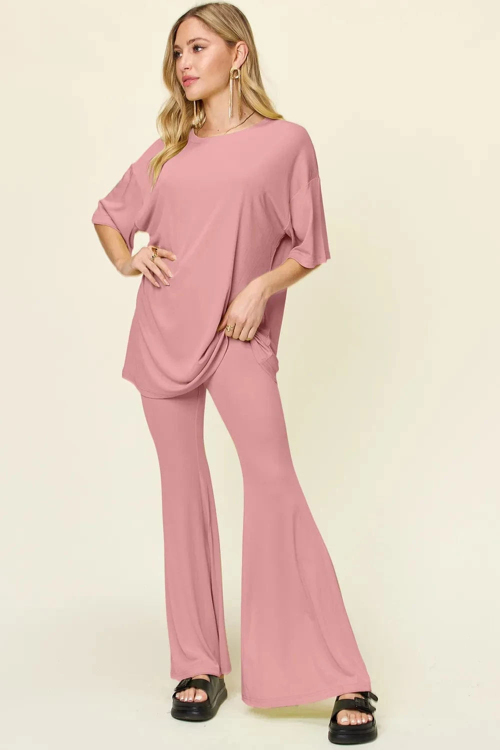 Double Take Full Size Round Neck Drop Shoulder T-Shirt and Flare Pants Set everyday essentials