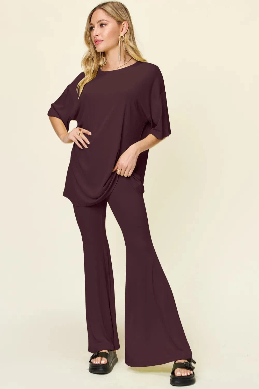 Double Take Full Size Round Neck Drop Shoulder T-Shirt and Flare Pants Set everyday essentials