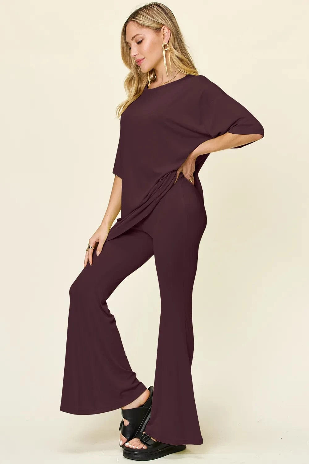 Double Take Full Size Round Neck Drop Shoulder T-Shirt and Flare Pants Set everyday essentials