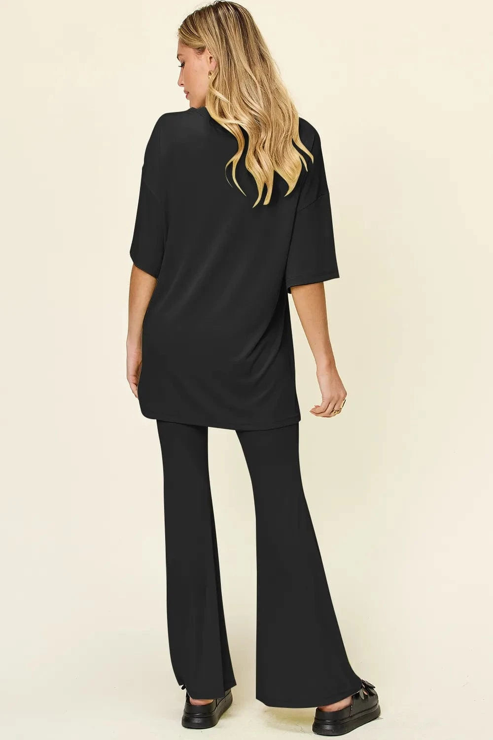 Double Take Full Size Round Neck Drop Shoulder T-Shirt and Flare Pants Set everyday essentials
