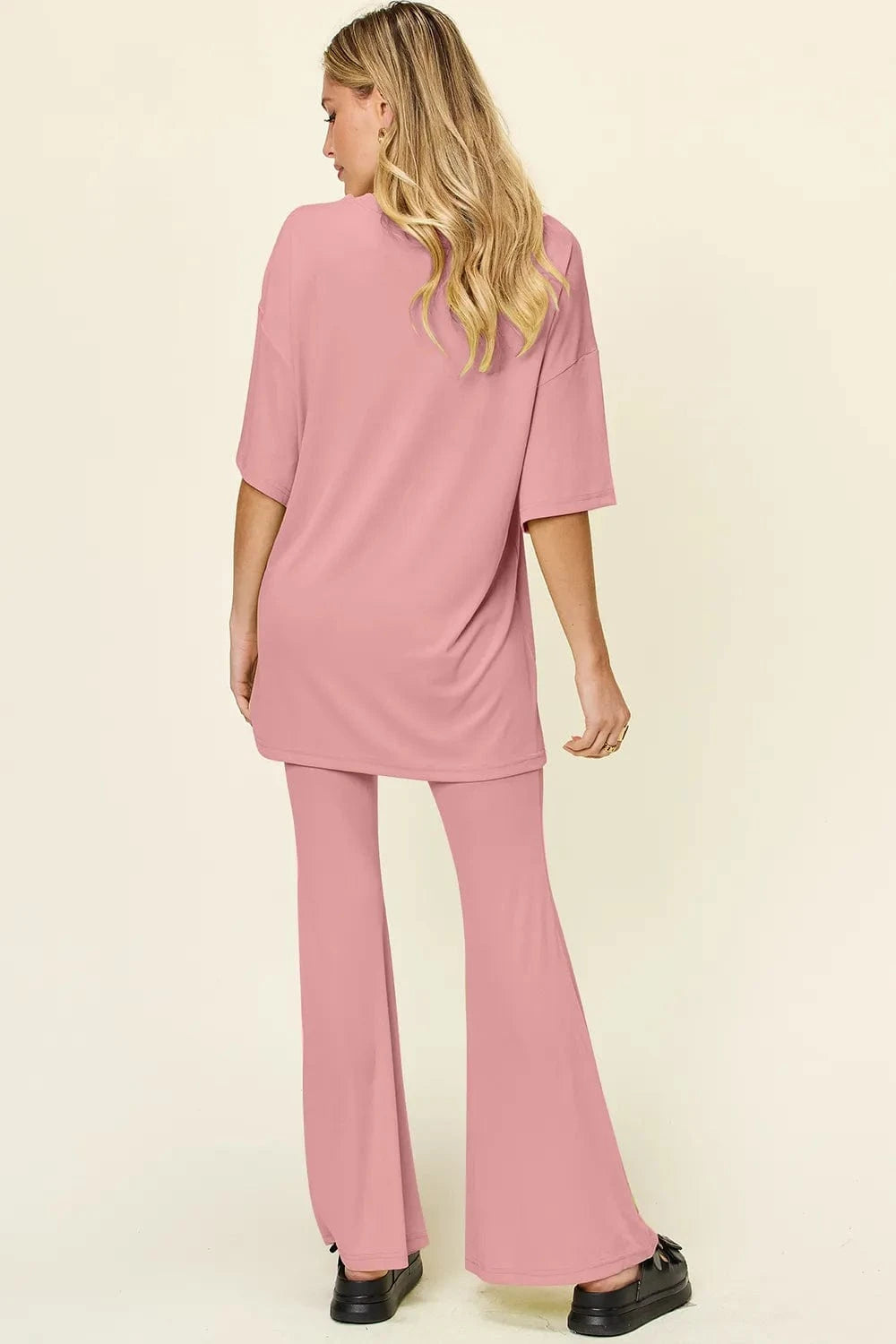 Double Take Full Size Round Neck Drop Shoulder T-Shirt and Flare Pants Set everyday essentials