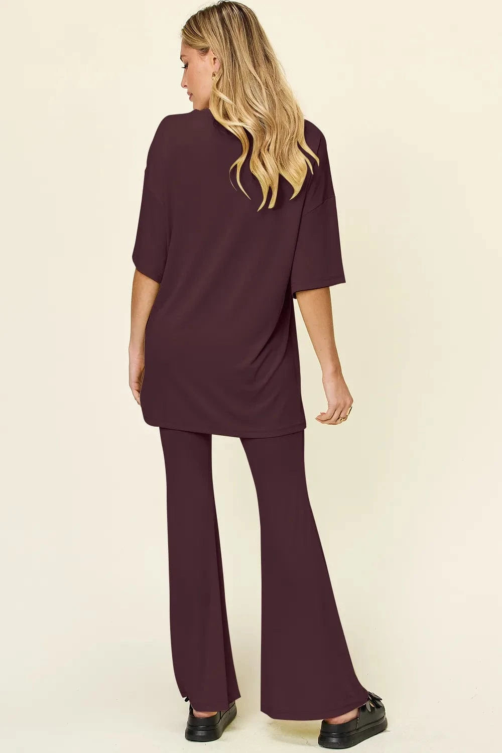 Double Take Full Size Round Neck Drop Shoulder T-Shirt and Flare Pants Set everyday essentials