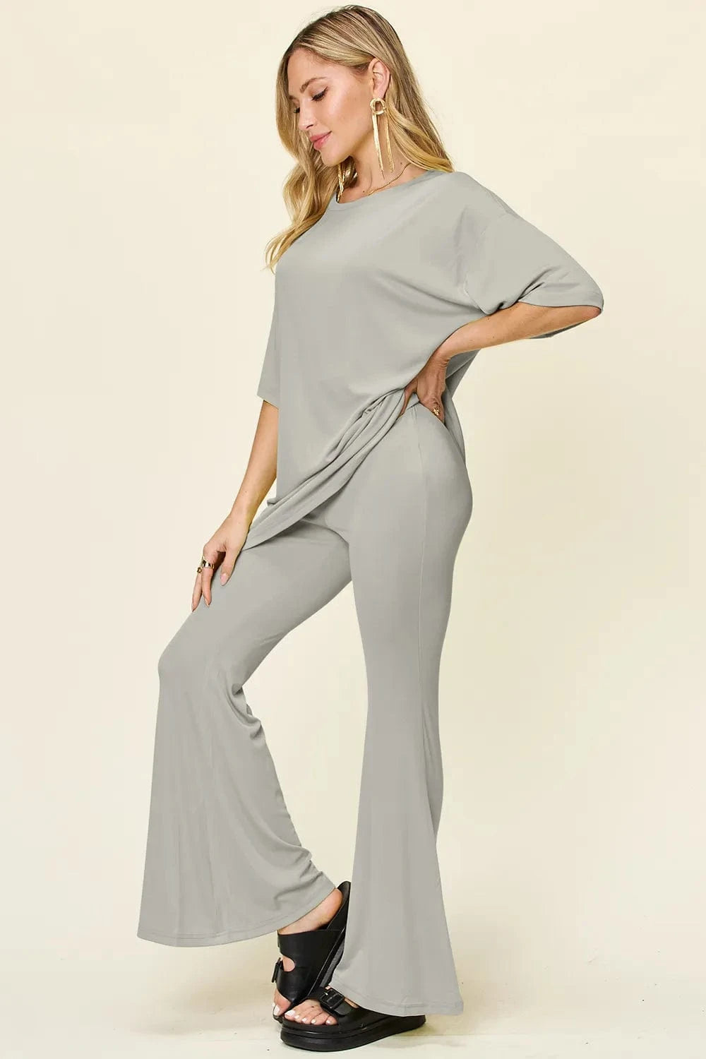 Double Take Full Size Round Neck Drop Shoulder T-Shirt and Flare Pants Set everyday essentials