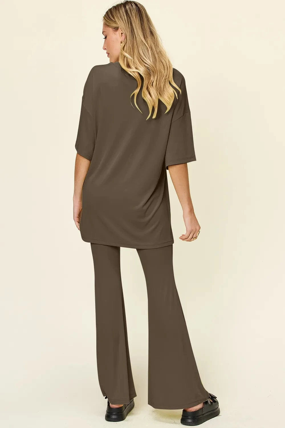 Double Take Full Size Round Neck Drop Shoulder T-Shirt and Flare Pants Set everyday essentials